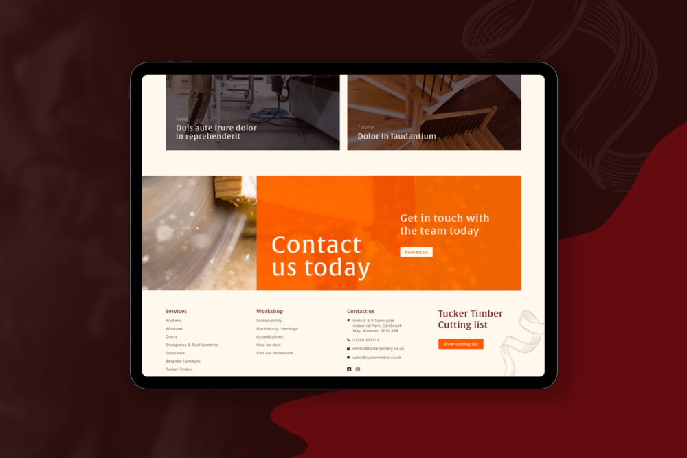 A screenshot of Tucker Joinery's new website design features on a laptop screen. A large orange CTA at the bottom of the page.
