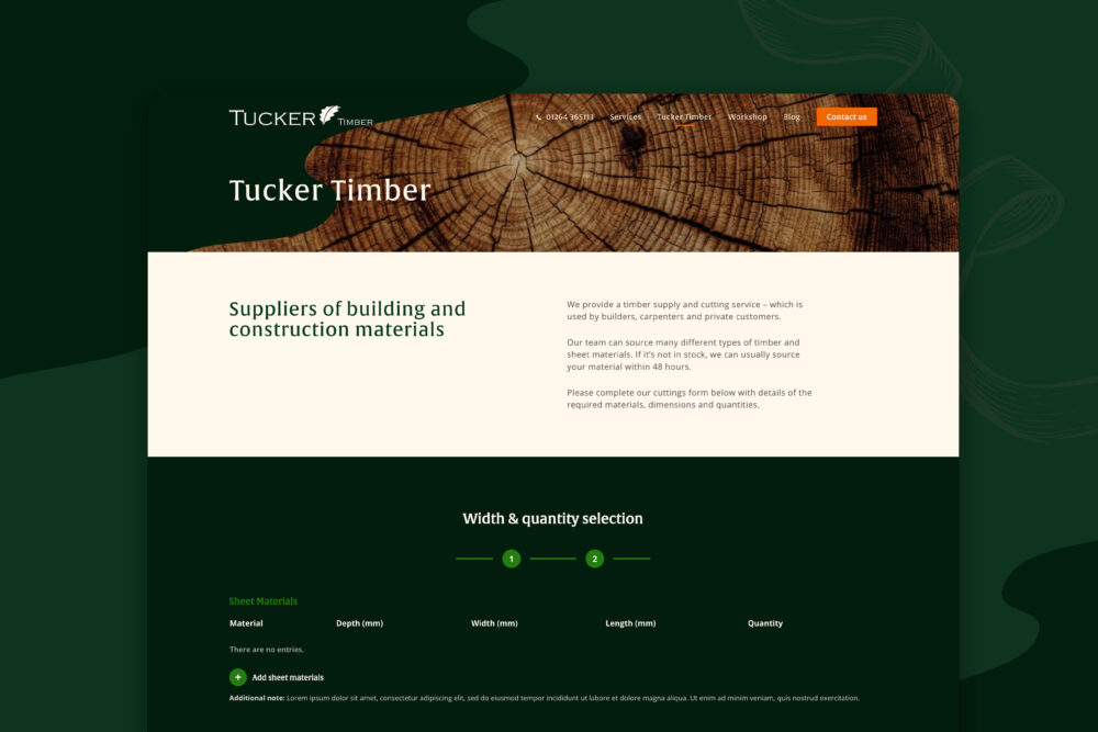 A screenshot of Tucker Joinery's Cutting Form, where customers can select materials and timber made-to-order.