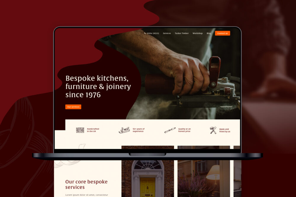 A mock-up screenshot on a laptop screen, featuring the new Tucker Joinery website design. Rustic, warm, and friendly timber handcrafting services.